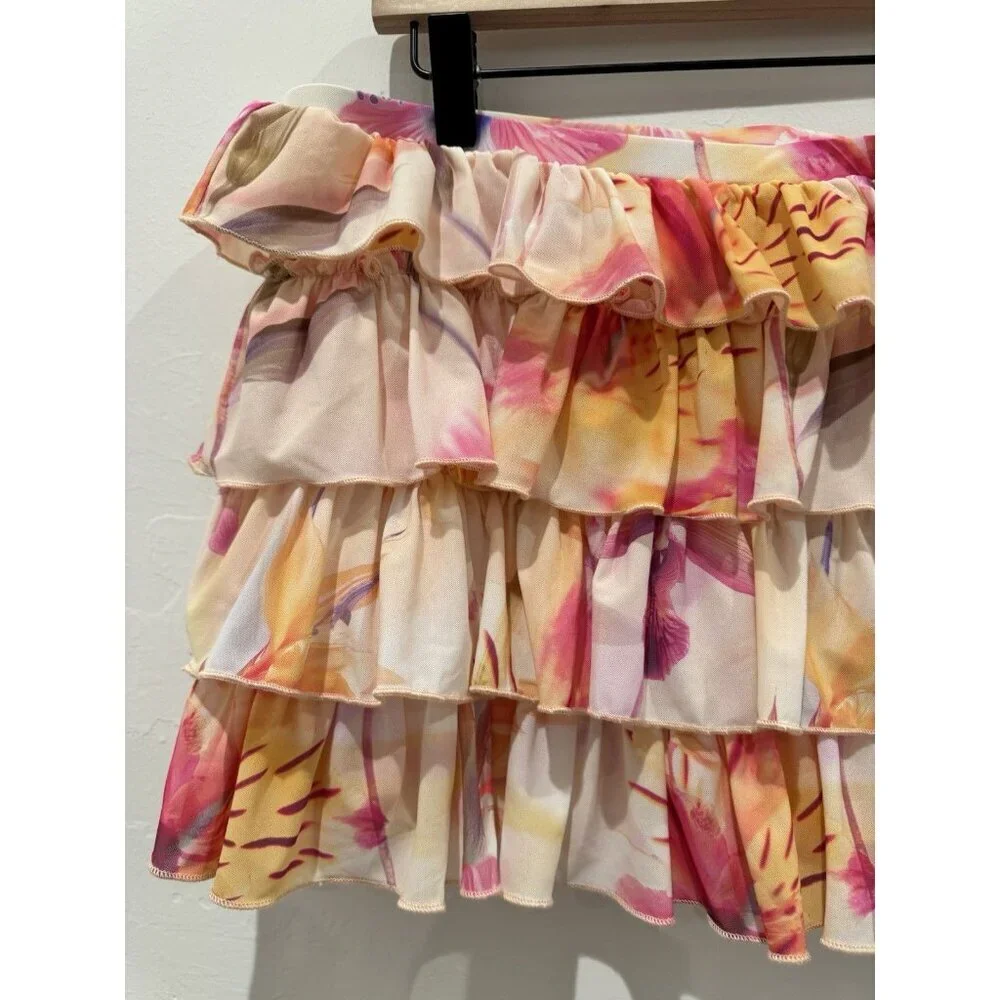 Out From Under Skirt Womens L Pink Floral Ruffle Tiered Mini Urban Outfitters
